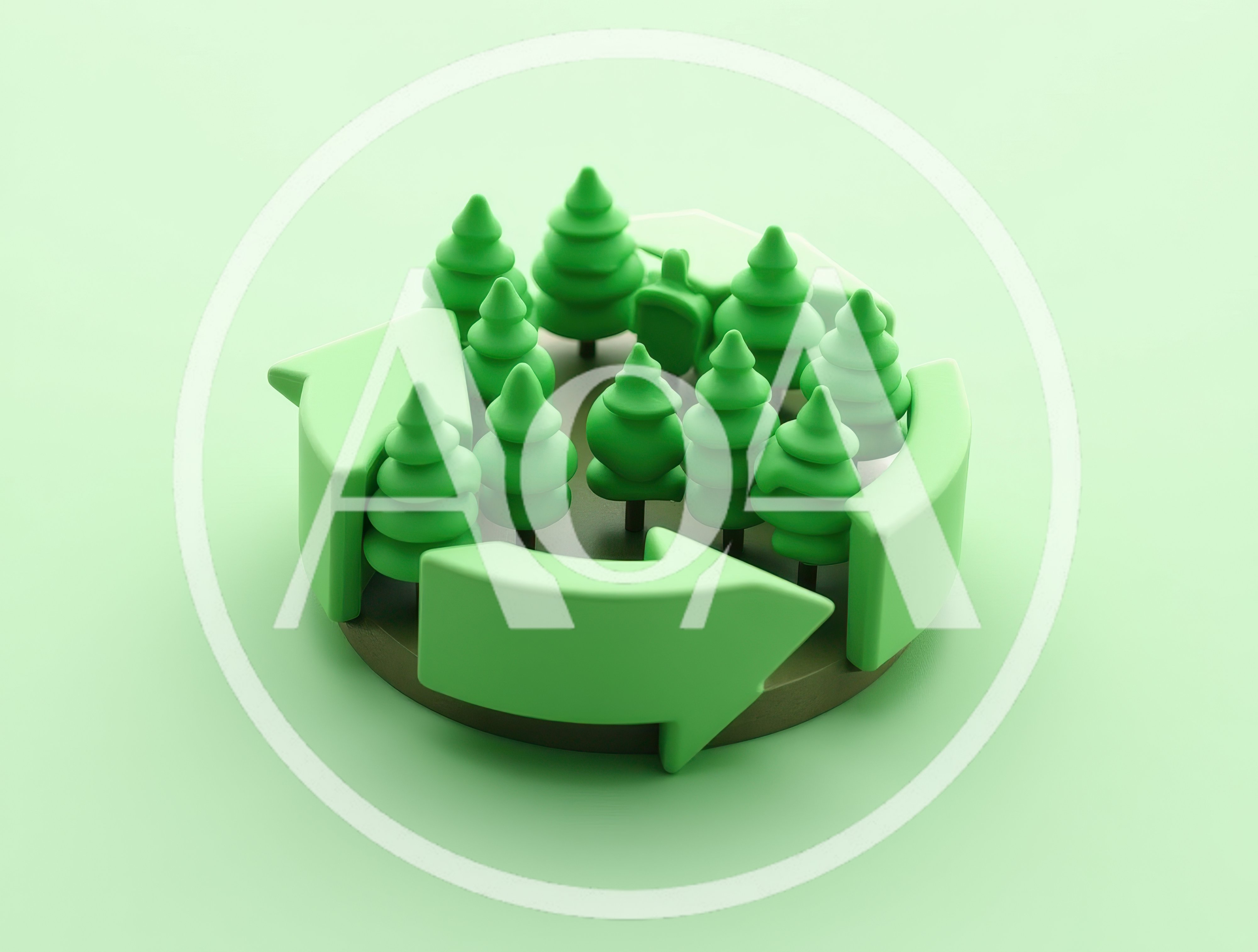 3D Rendered Recycling Symbol With Miniature Pine Trees