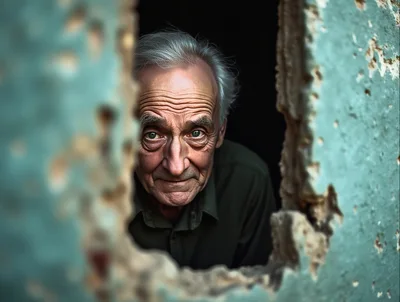 Elderly Man Peering Through A Broken Wall Opening