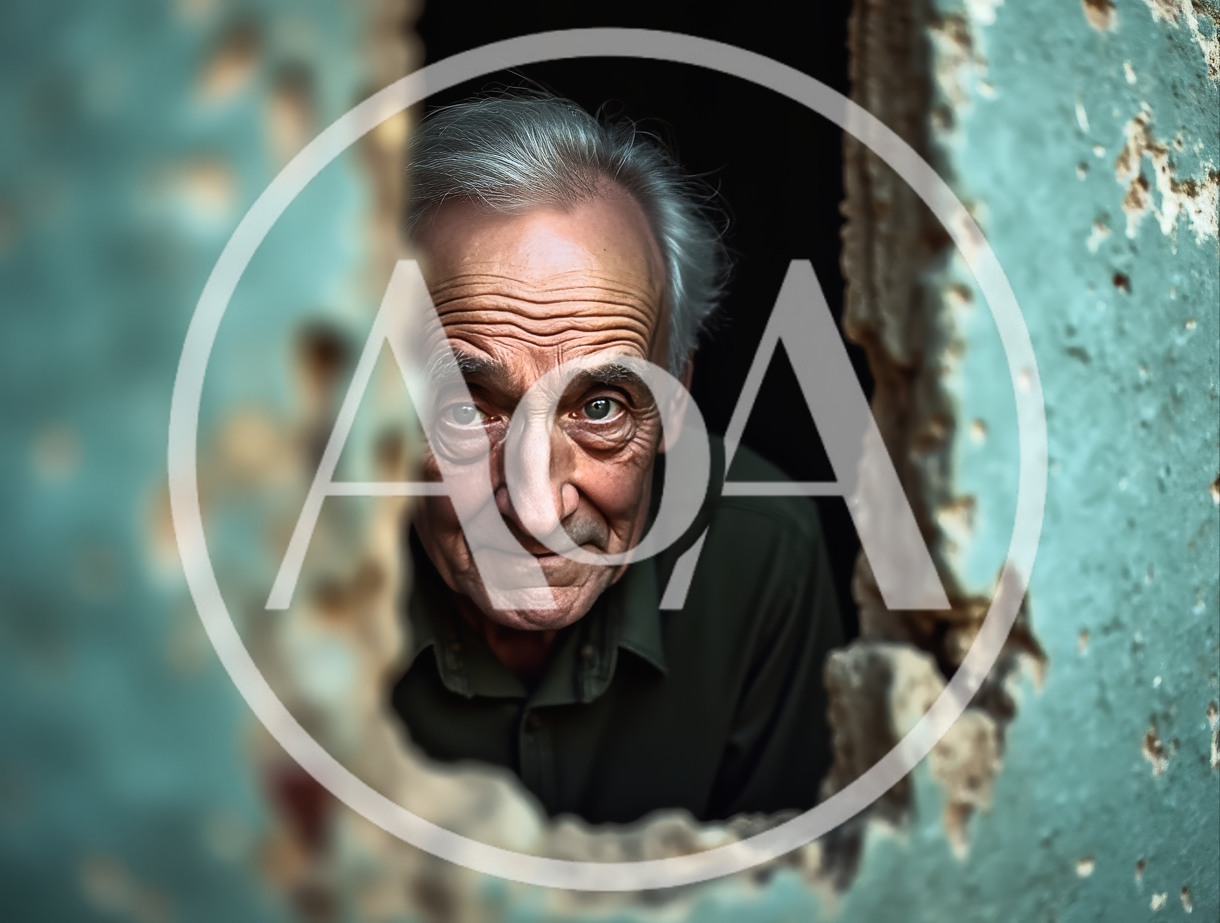 Elderly Man Peering Through A Broken Wall Opening
