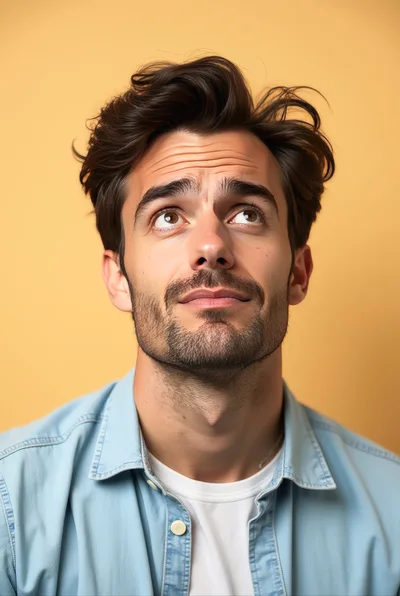 Young Man Looking Upwards With Thoughtful Expression
