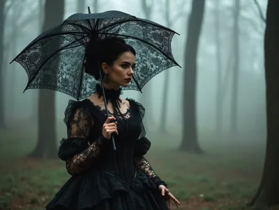 Gothic Woman Holding Lace Umbrella In Misty Forest