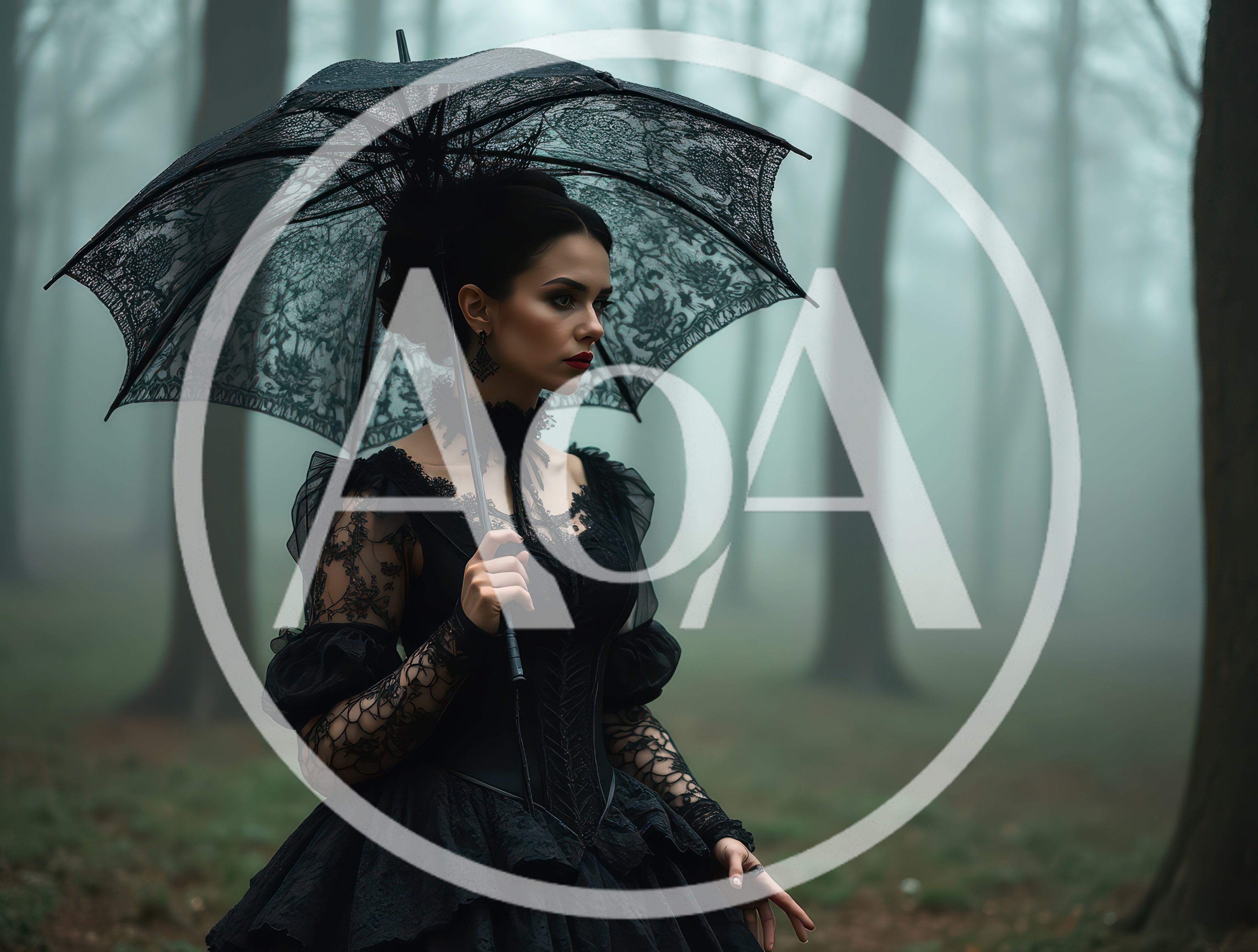 Gothic Woman Holding Lace Umbrella In Misty Forest
