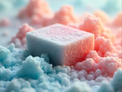 Single Sugar Cube Surrounded by Pink and Blue Powder