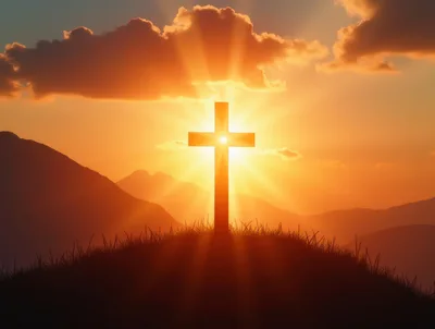 Christian Cross Silhouette Against A Radiant Sunset