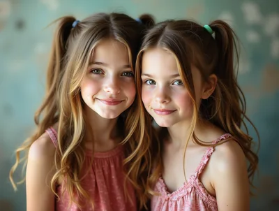 Two Young Girls With Ponytails Smiling Together
