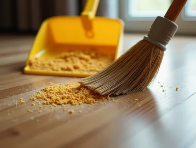 Broom Sweeping Yellow Debris Into A Dustpan