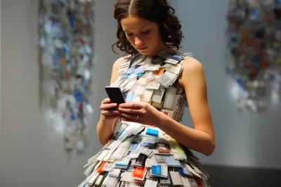 Young Woman Wearing Dress Made Of Plastic Slides