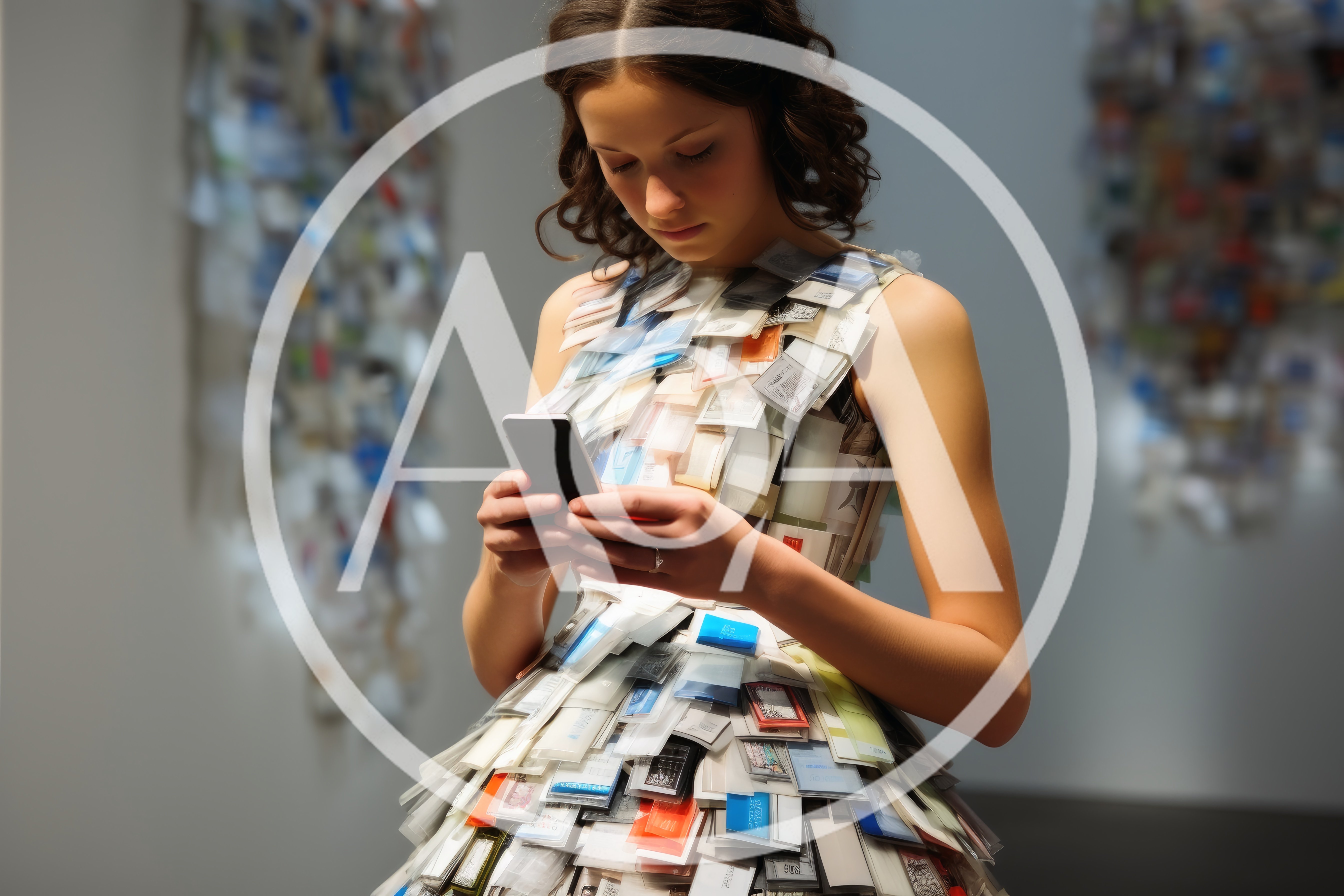 Young Woman Wearing Dress Made Of Plastic Slides
