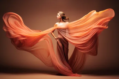 Elegant Woman Posing With Flowing Peach Fabric