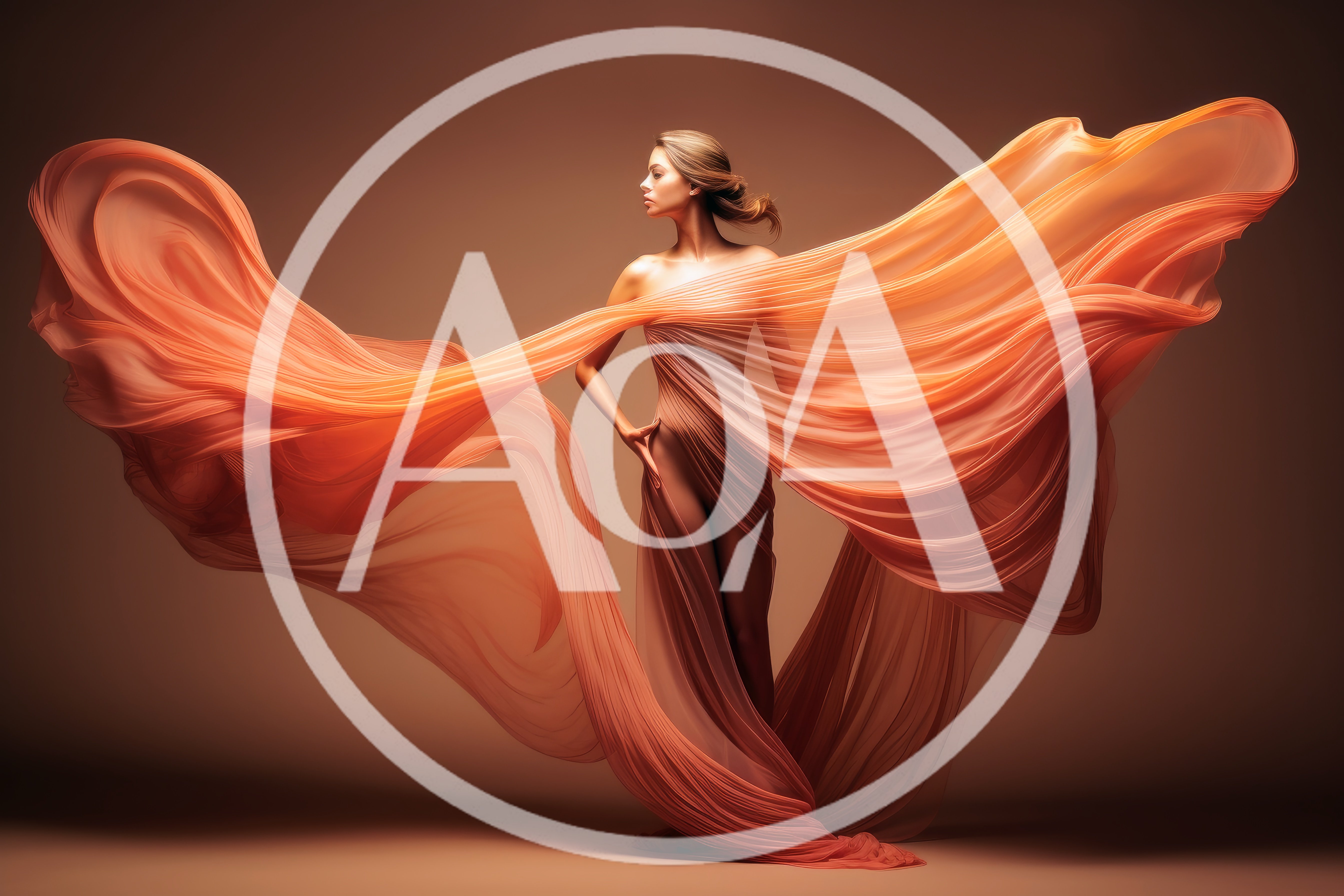 Elegant Woman Posing With Flowing Peach Fabric