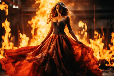Woman In Elegant Gown Standing Before Intense Fire