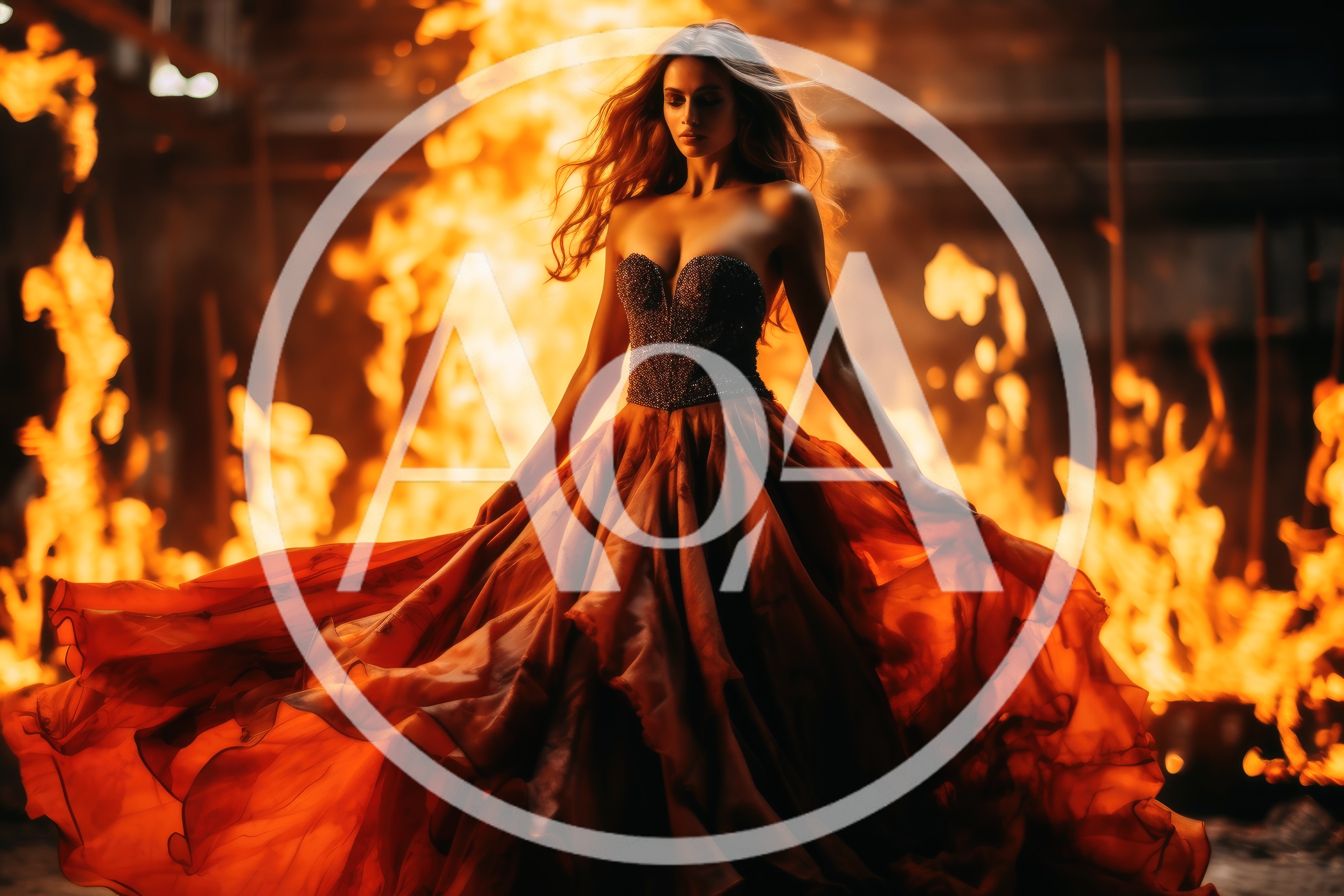 Woman In Elegant Gown Standing Before Intense Fire