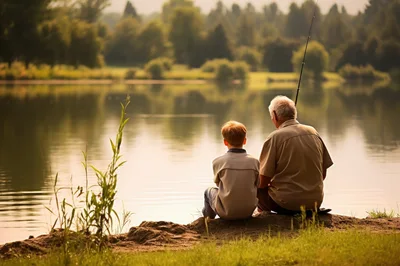 Grandfather and Grandson Fishing Together at Lakeside