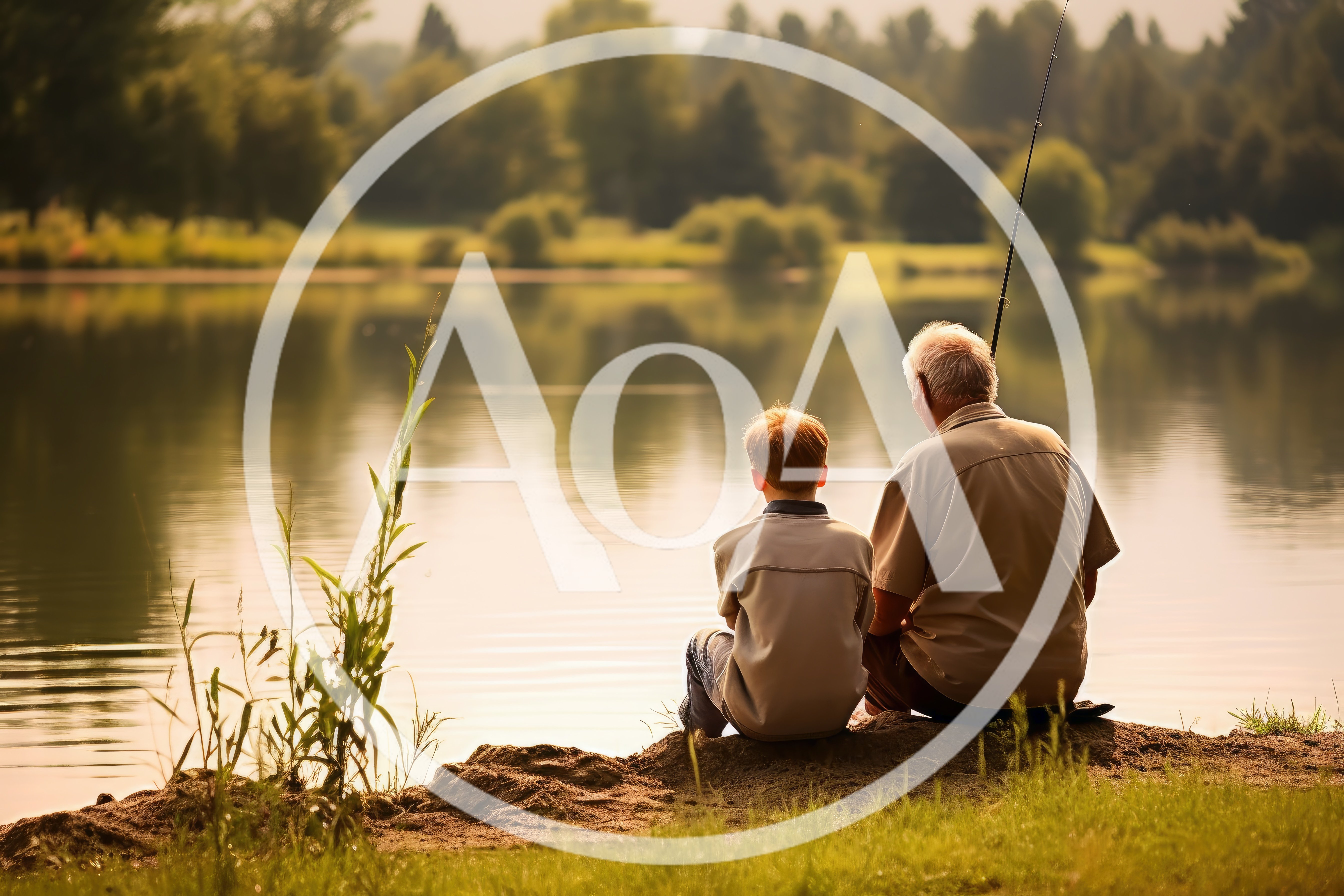 Grandfather and Grandson Fishing Together at Lakeside