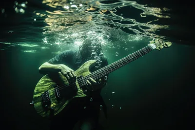 Musician Playing Bass Guitar Underwater