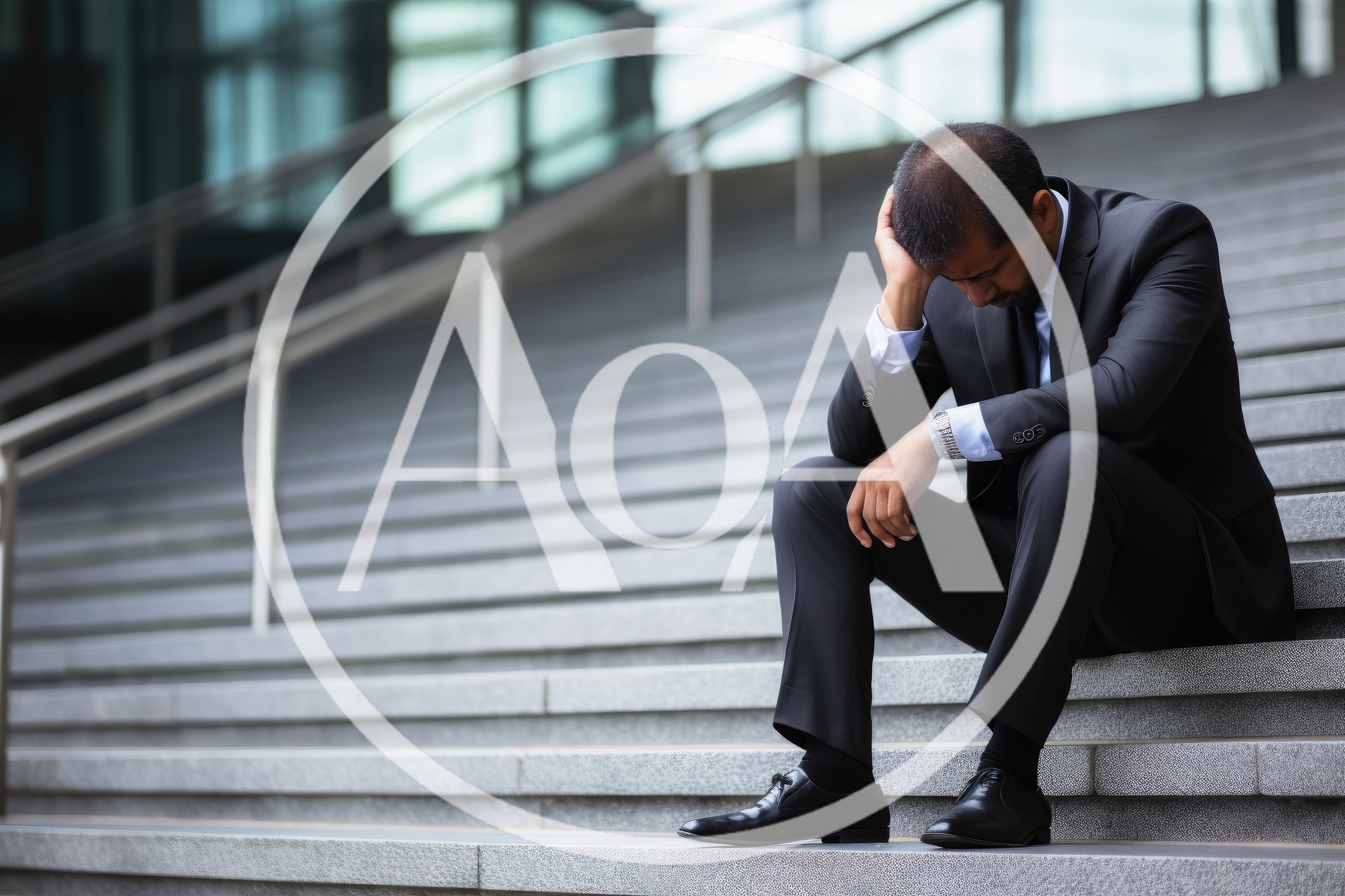 Stressed Businessman Sitting Alone On Outdoor Office Stairs