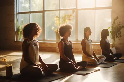 Diverse Women Practicing Meditation In A Sunny Yoga Studio
