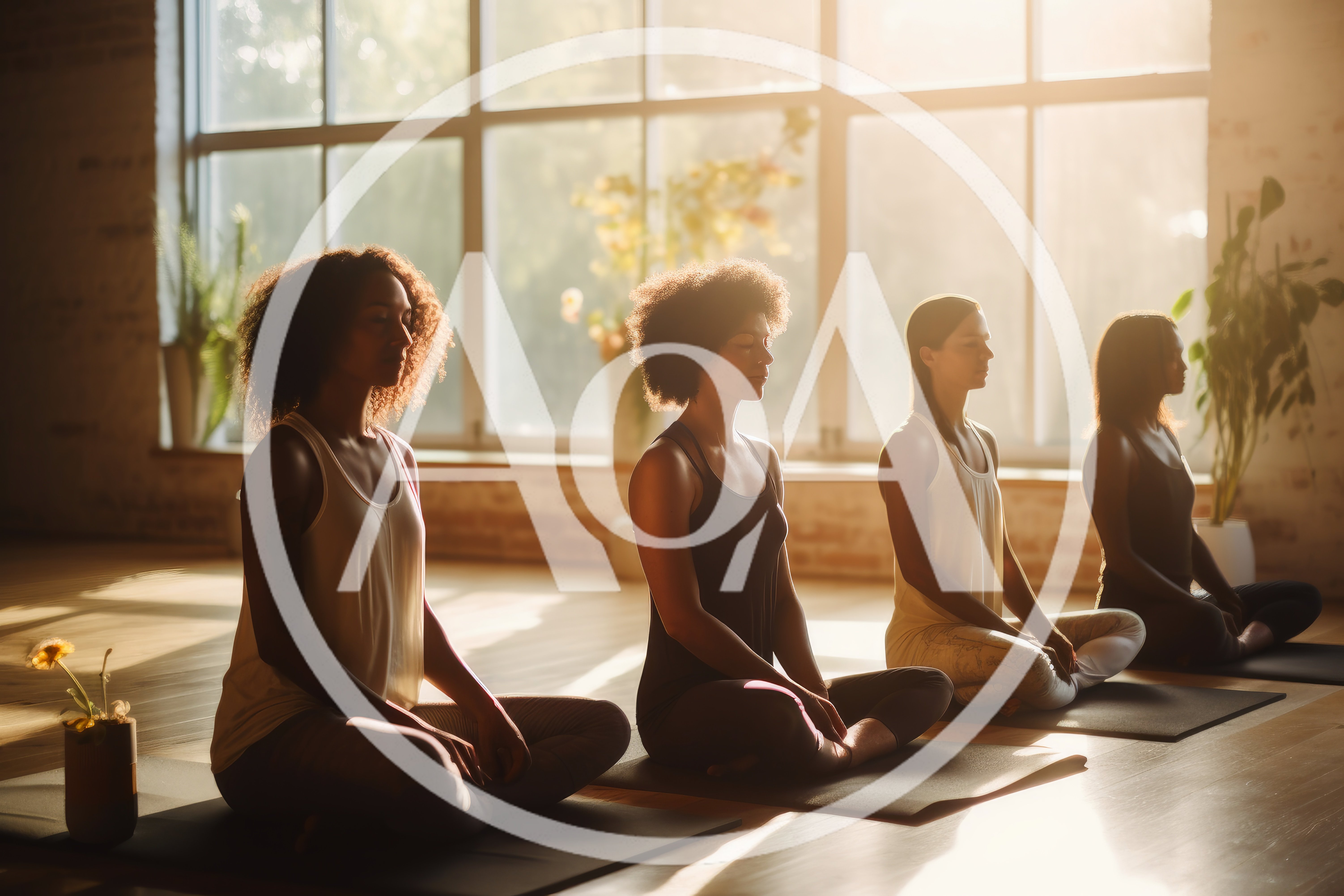 Diverse Women Practicing Meditation In A Sunny Yoga Studio