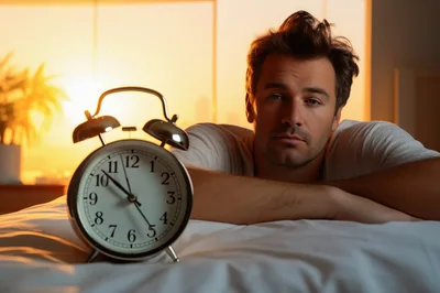 Tired Man Waking Up To Alarm Clock At Sunrise