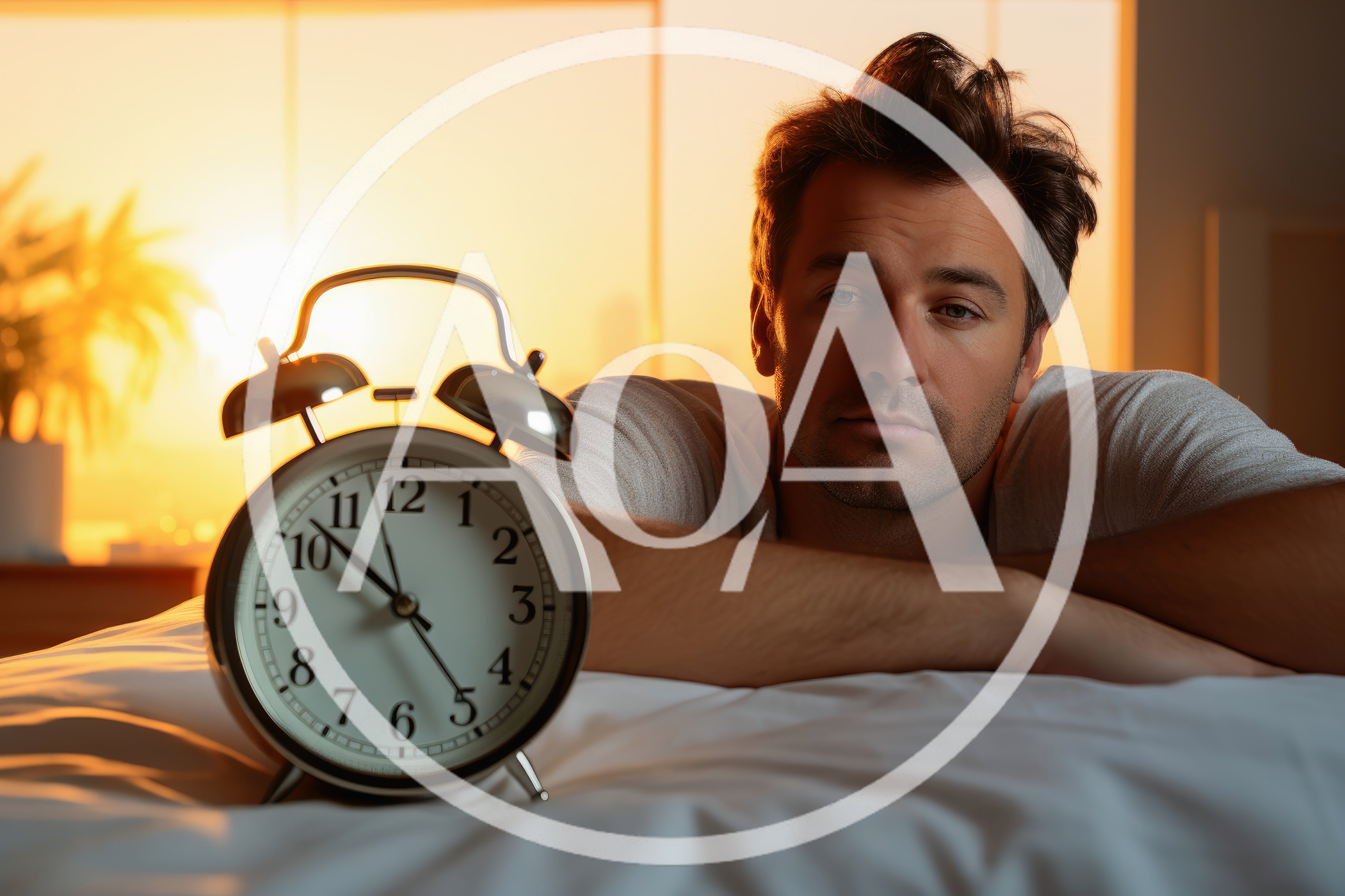 Tired Man Waking Up To Alarm Clock At Sunrise