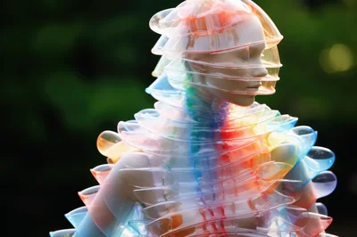 Mannequin Wearing Futuristic Translucent Rainbow Plastic Armor