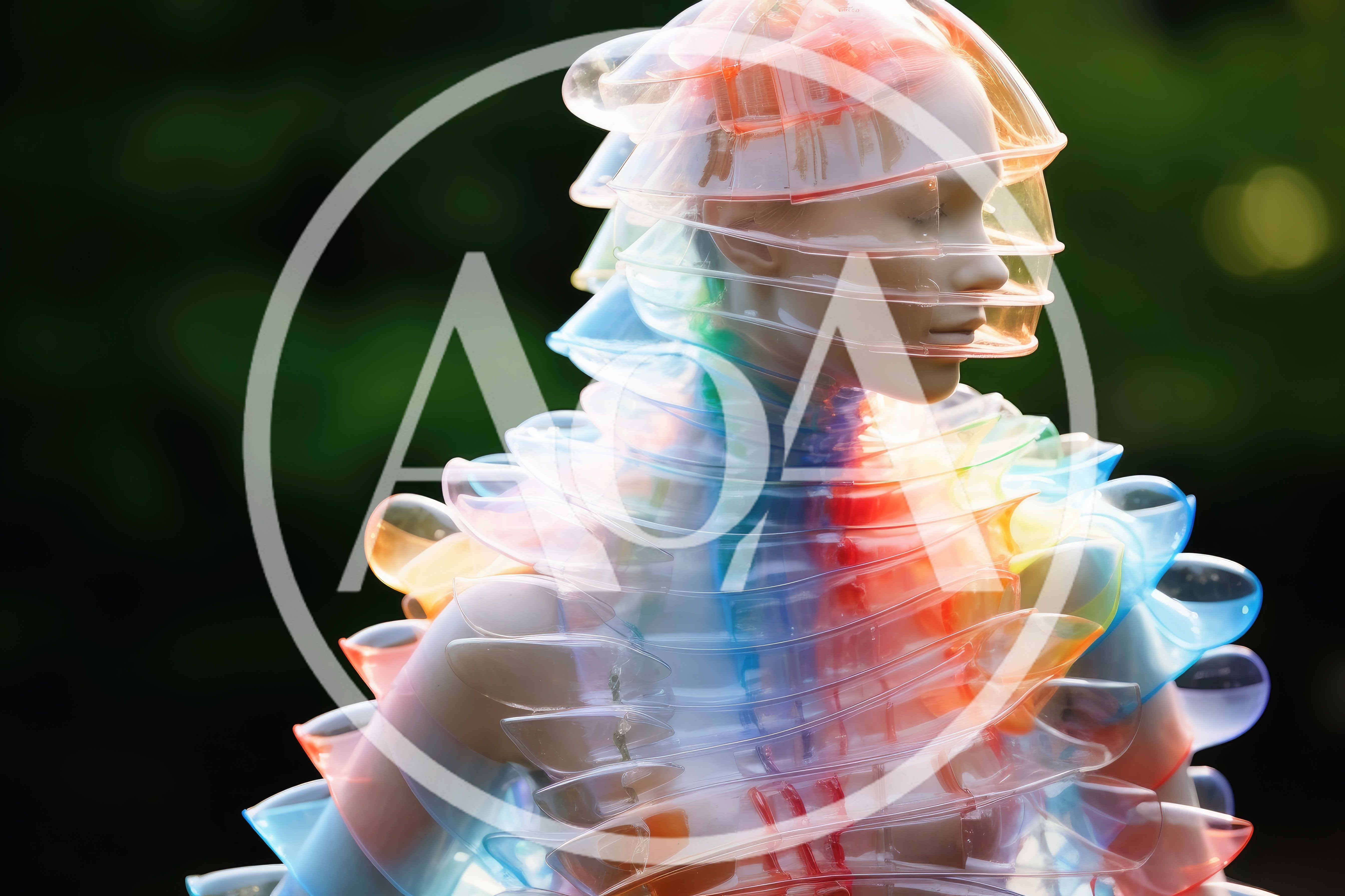 Mannequin Wearing Futuristic Translucent Rainbow Plastic Armor