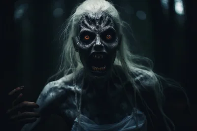 Terrifying Ghostly Creature With Glowing Eyes In Dark Forest