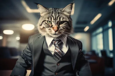 Anthropomorphic Cat Businessman In A Professional Office Setting