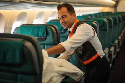 Flight Attendant Organizing Blankets In Airplane Cabin