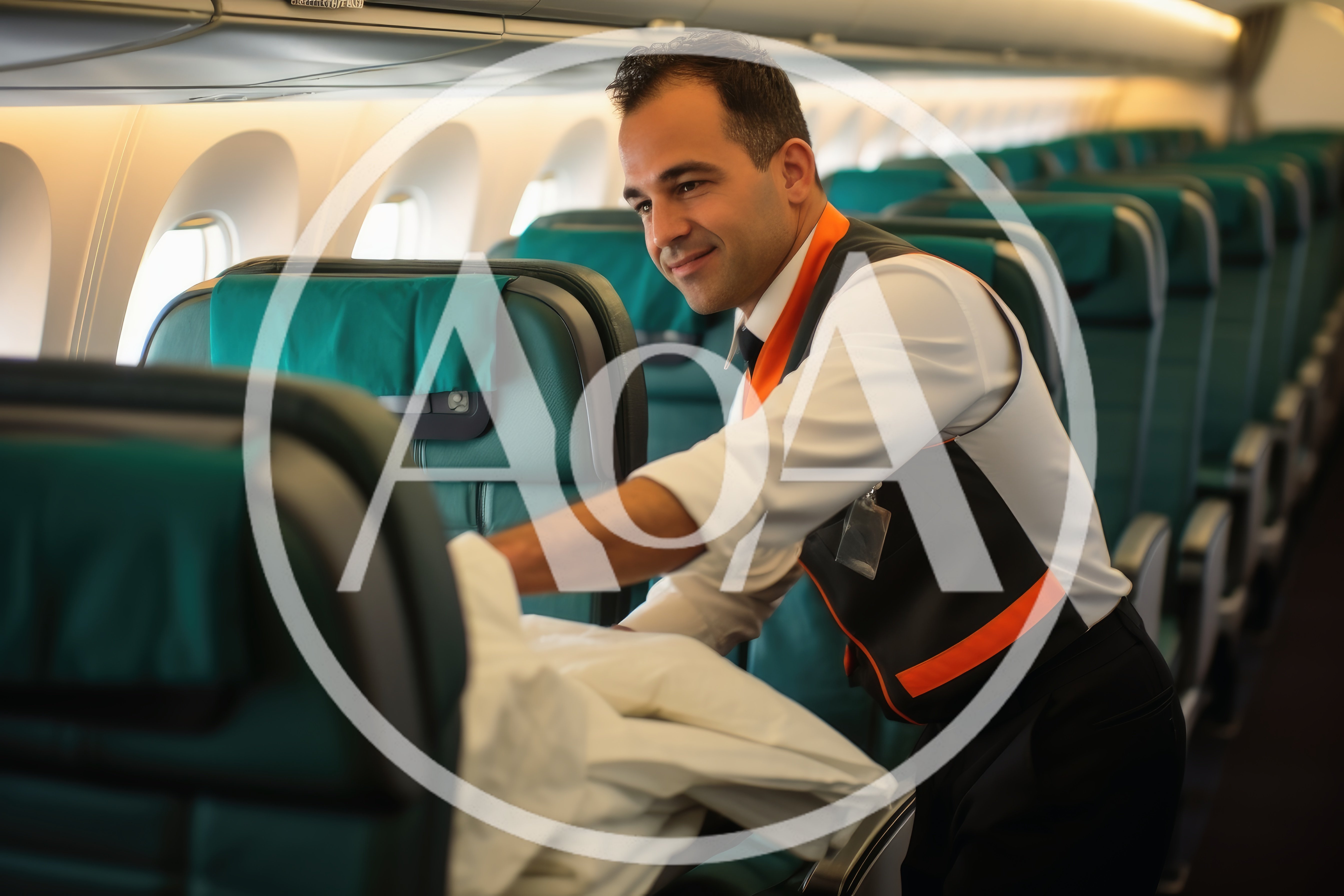 Flight Attendant Organizing Blankets In Airplane Cabin