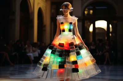 Futuristic Fashion Model Wearing A Lighted Plastic Dress