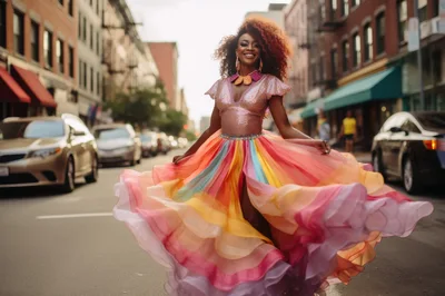 Joyful Woman Dancing In A Vibrant Rainbow Dress