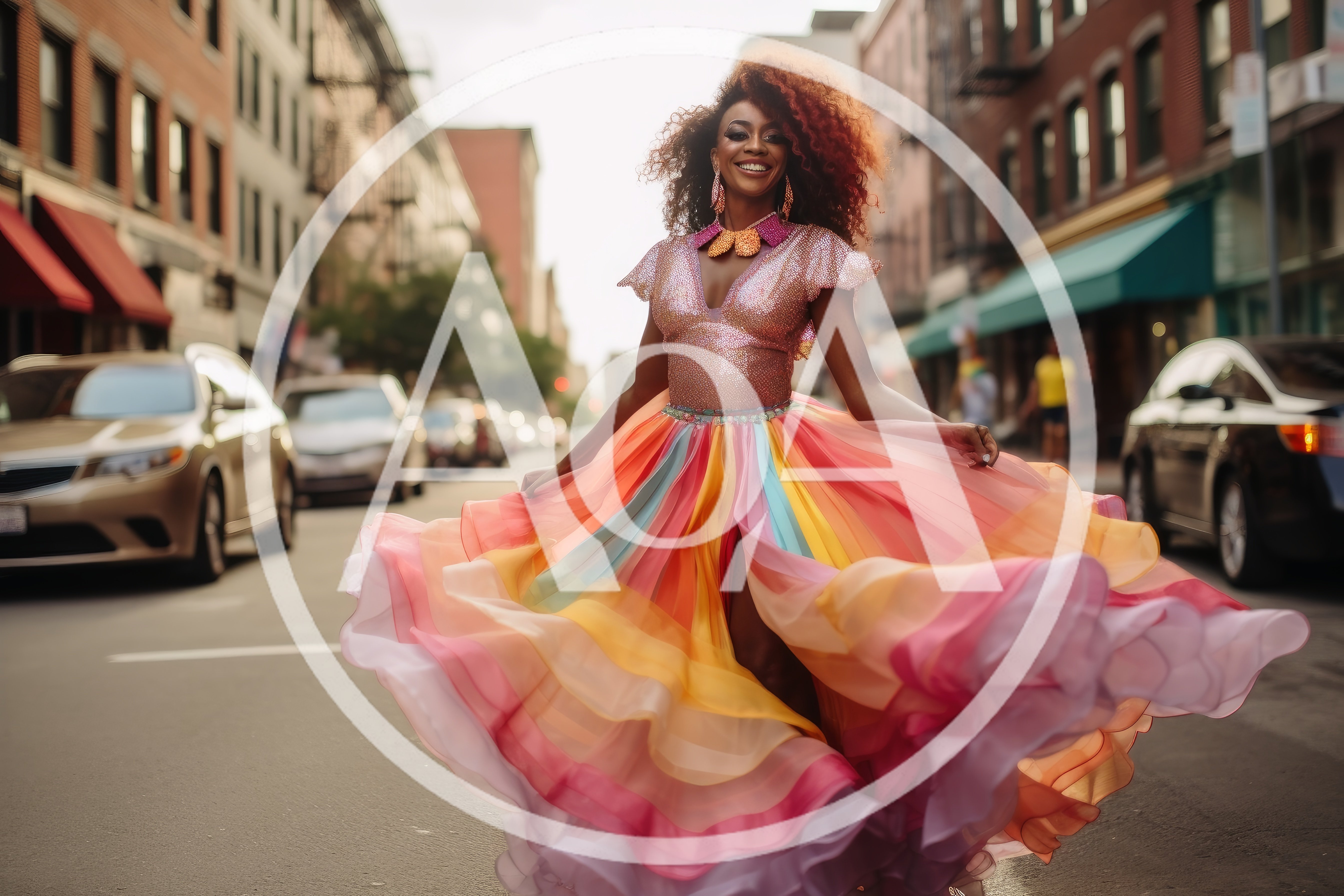 Joyful Woman Dancing In A Vibrant Rainbow Dress