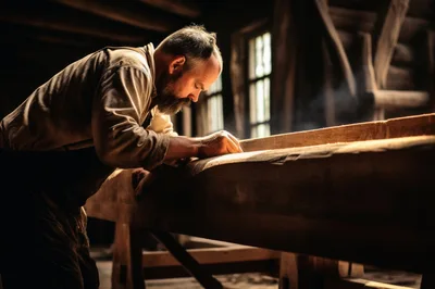 Bearded Carpenter Working On A Large Wooden Beam
