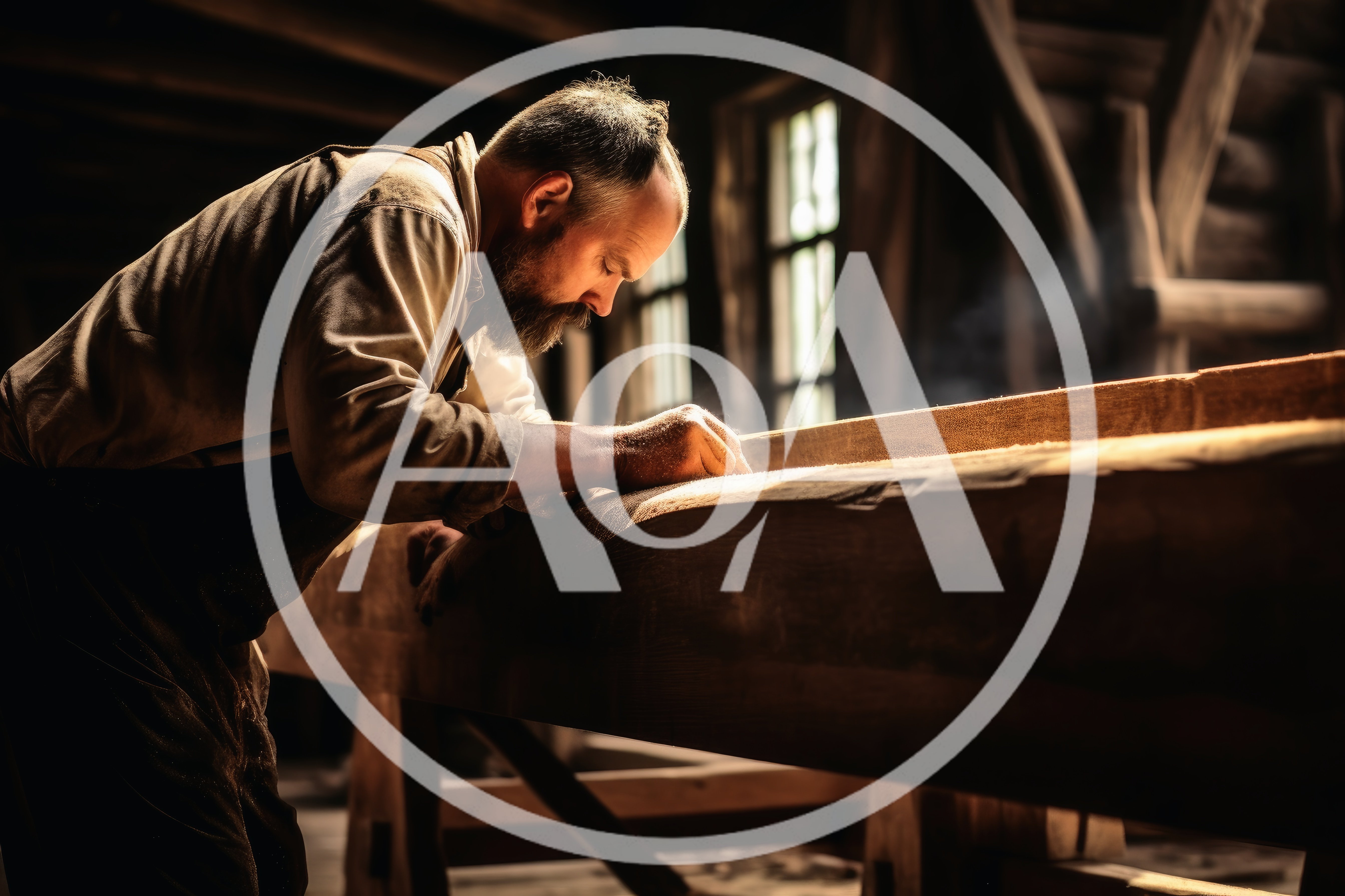 Bearded Carpenter Working On A Large Wooden Beam