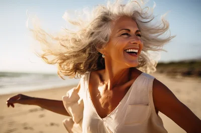 Happy Mature Woman With Flowing Hair On Beach