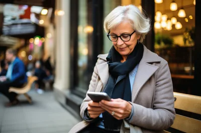 Senior Woman Using Smartphone On City Bench