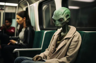 Alien Passenger Sitting On A Subway Train