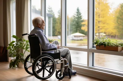 Elderly Man In Wheelchair Looking Out Window