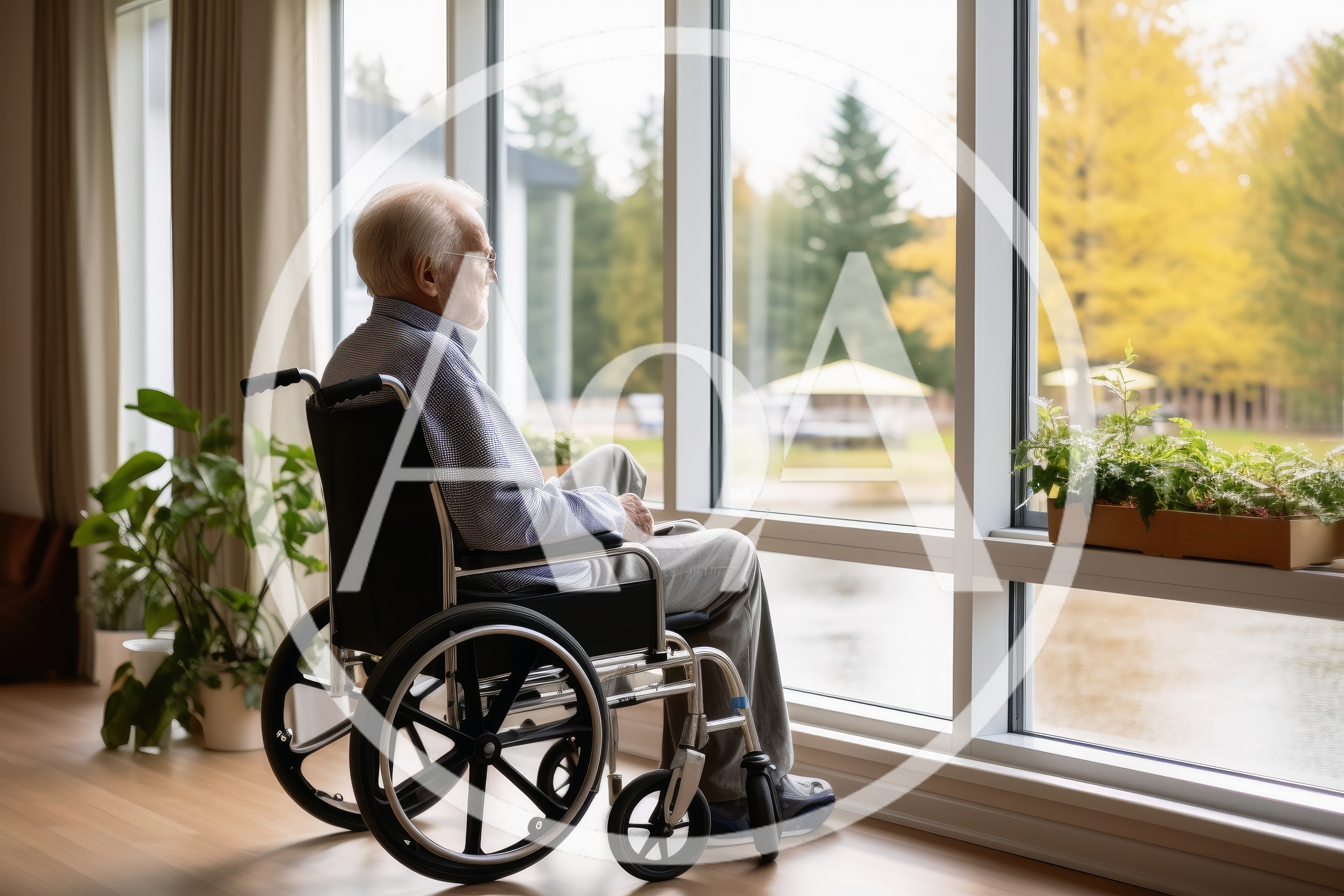 Elderly Man In Wheelchair Looking Out Window