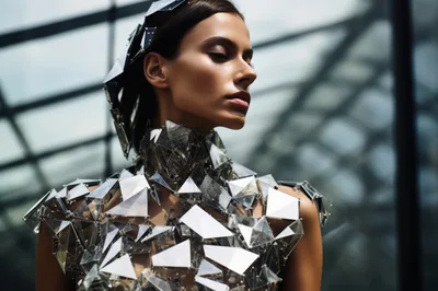 Futuristic Woman Wearing Reflective Geometric Mirror Armor