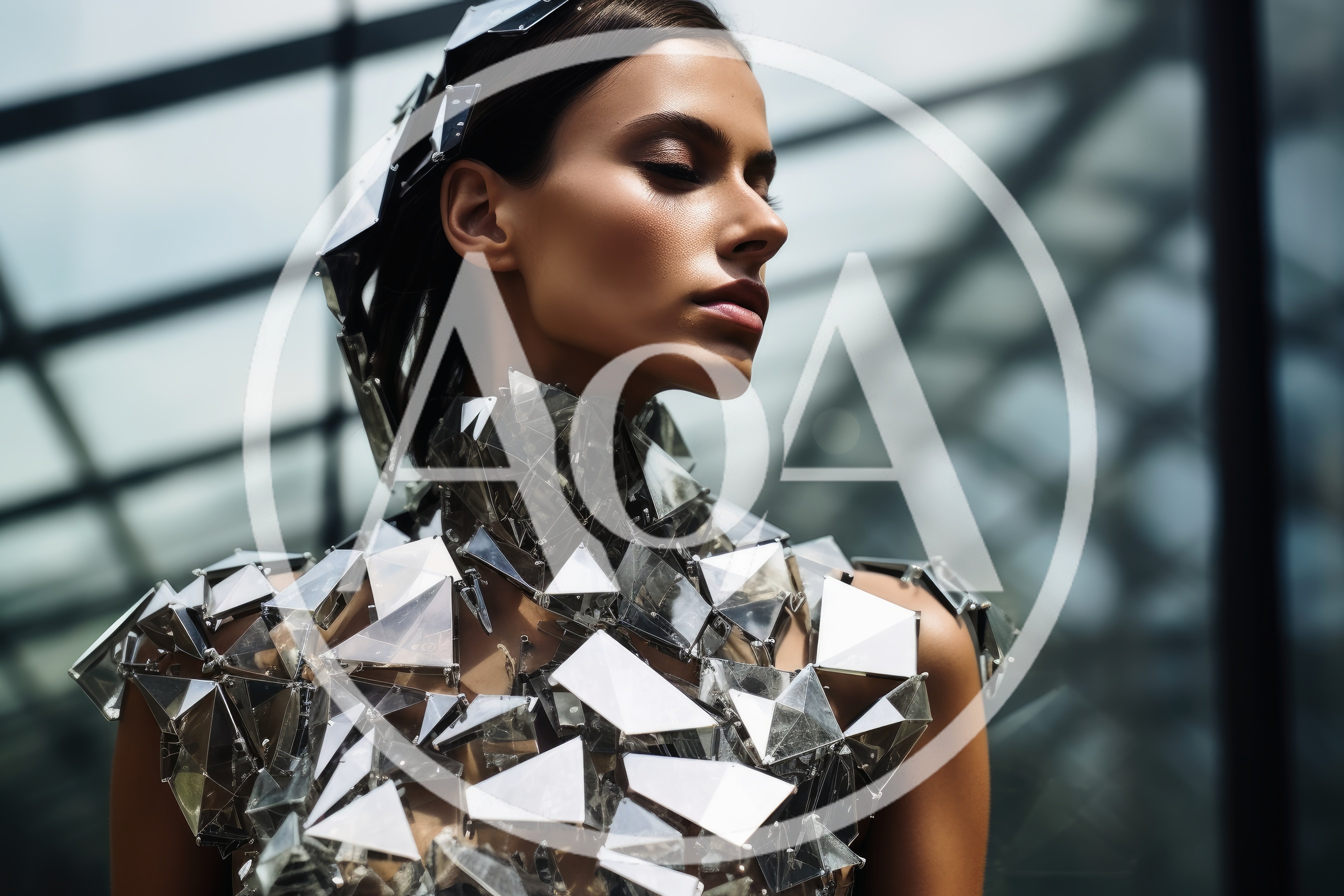 Futuristic Woman Wearing Reflective Geometric Mirror Armor