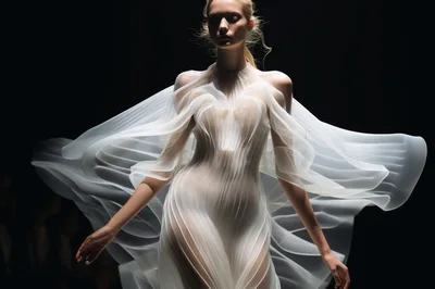 Model Wearing Ethereal Flowing White Couture Gown