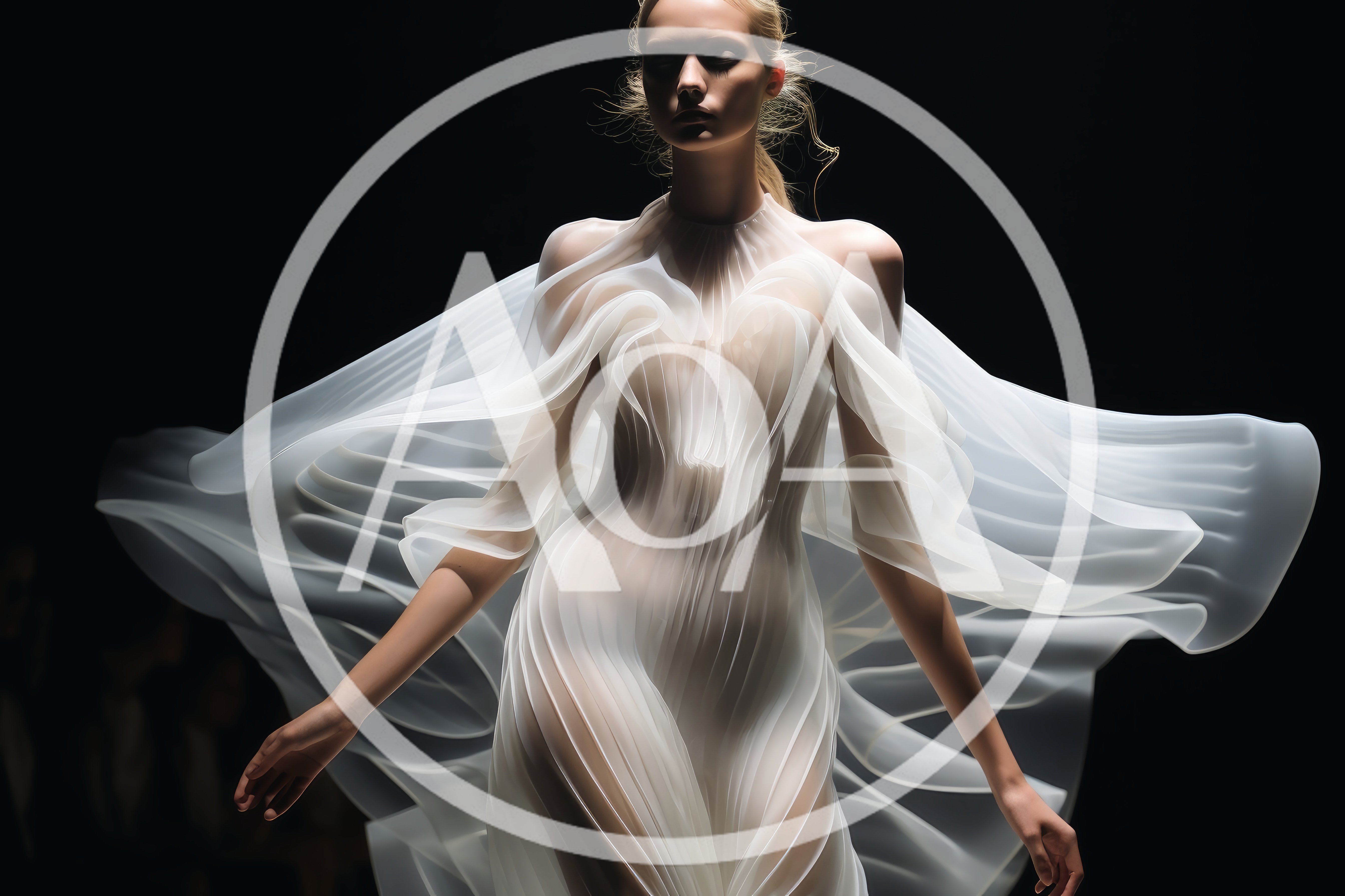 Model Wearing Ethereal Flowing White Couture Gown