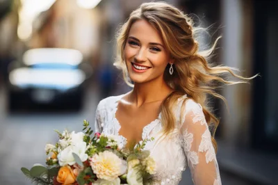 Smiling Bride Holding A Floral Bouquet Outdoors