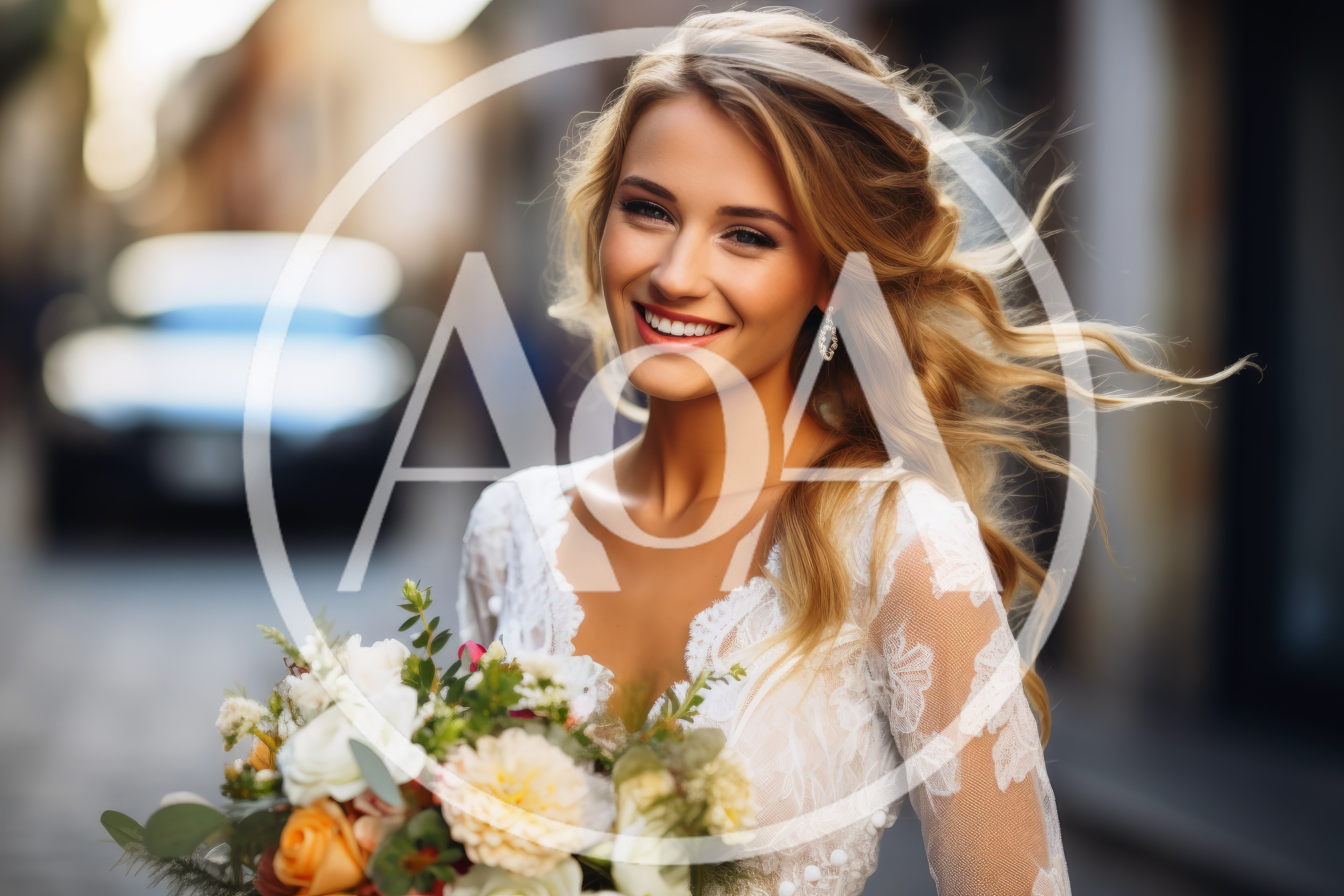 Smiling Bride Holding A Floral Bouquet Outdoors