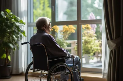 Elderly Man Sitting In Wheelchair Looking Out Window