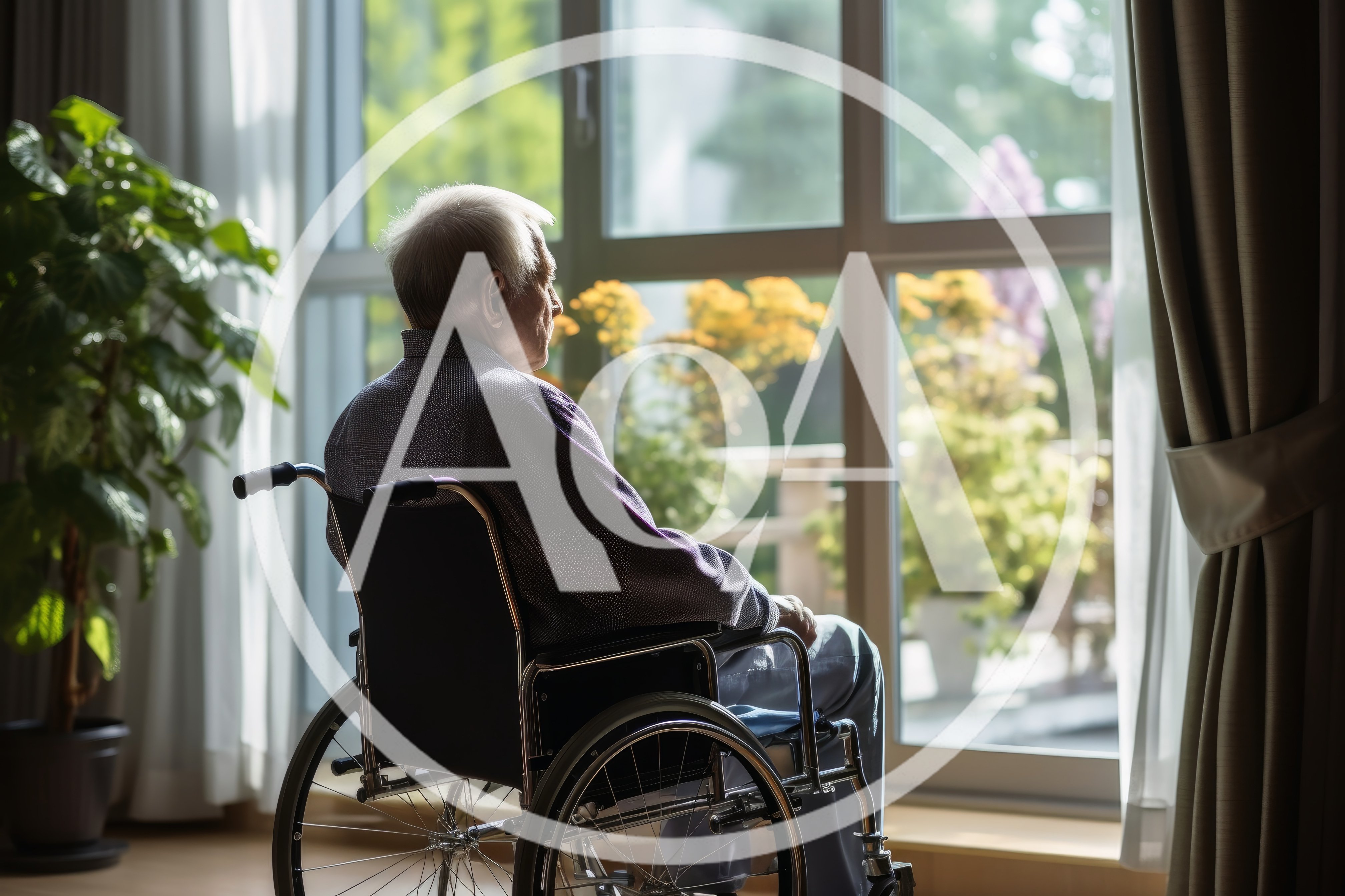 Elderly Man Sitting In Wheelchair Looking Out Window