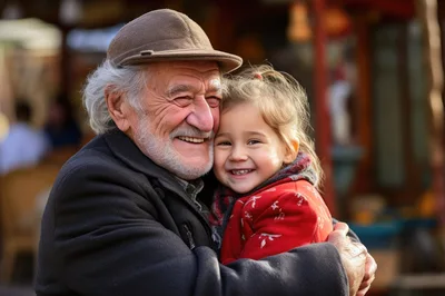 Elderly Man Embracing His Young Granddaughter