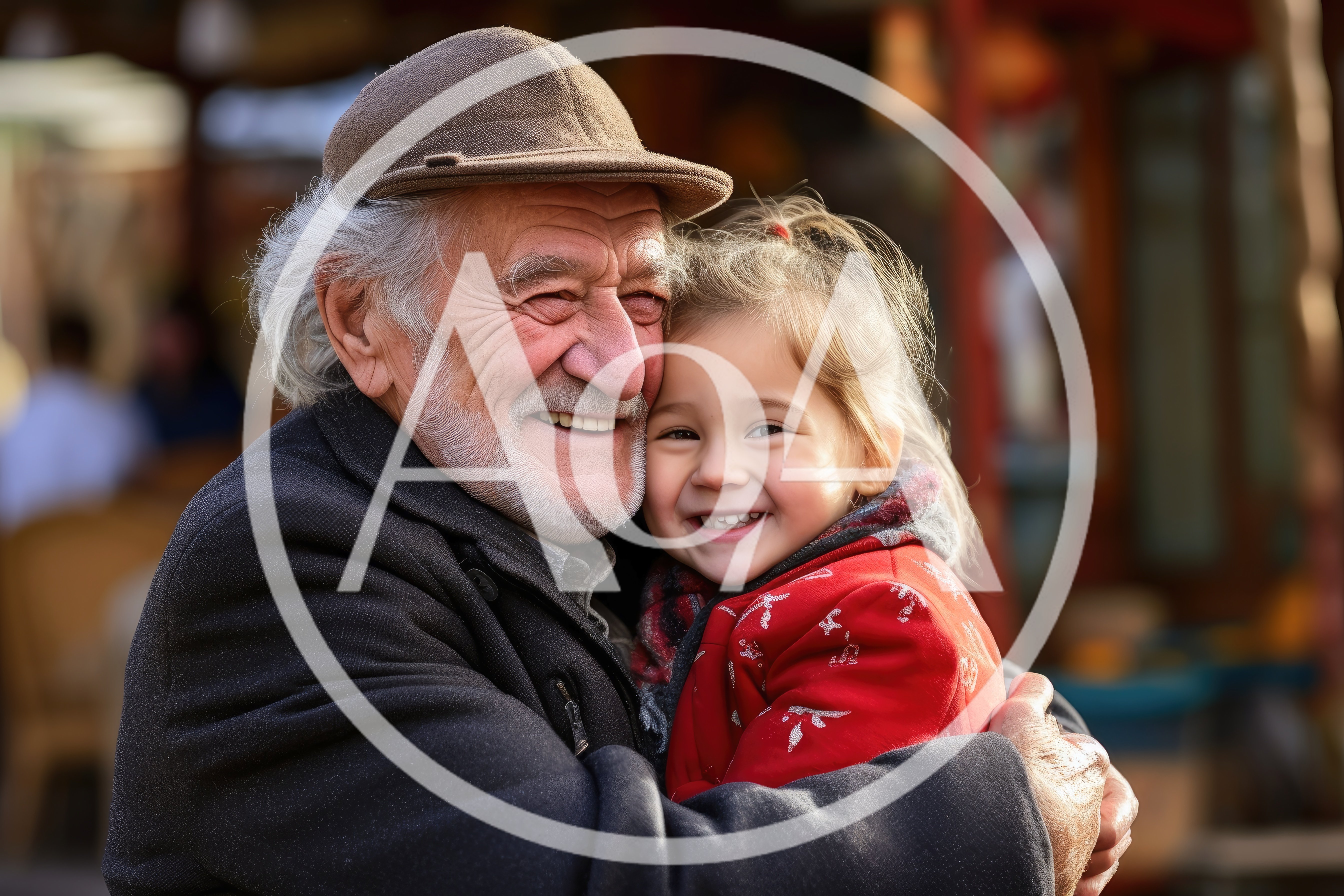 Elderly Man Embracing His Young Granddaughter